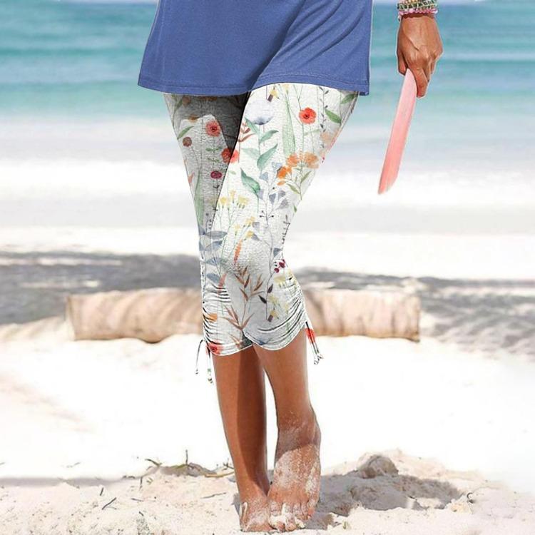 Women Summer Casual Cropped Trousers Skinny Leggings Elastic Waist Cycling Shorts Printed Vacation Pants