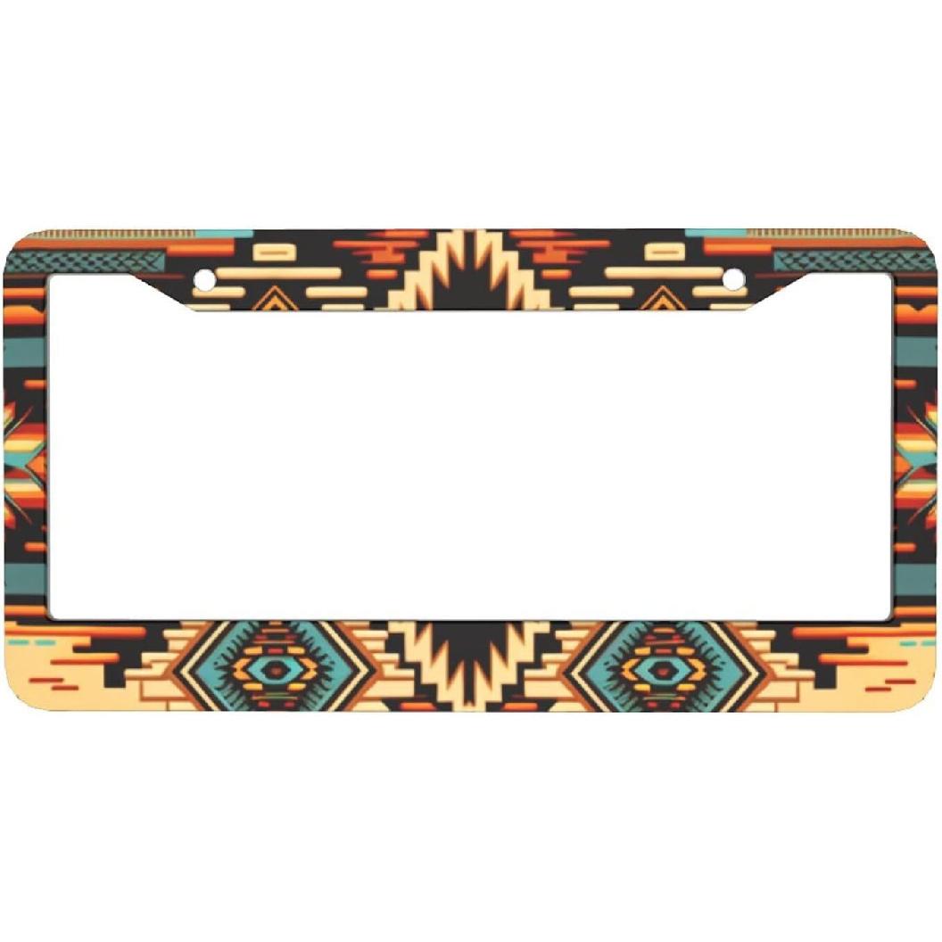 2 Pcs License Plate Frame Car Aluminum Tag Cover Holder with Holes, Aztec Baja Western Native Southwest One Size
