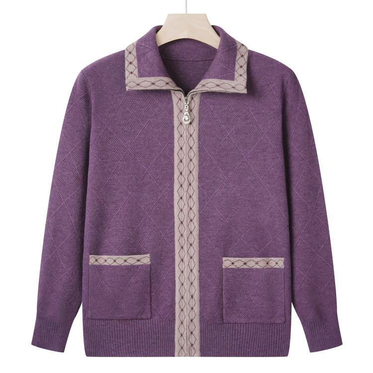 

Mom Autumn Sweater Fashionable Lapel Top Middle-aged and Elderly Sweater Women Old Women Clothes Old Ladder Autumn Coat M