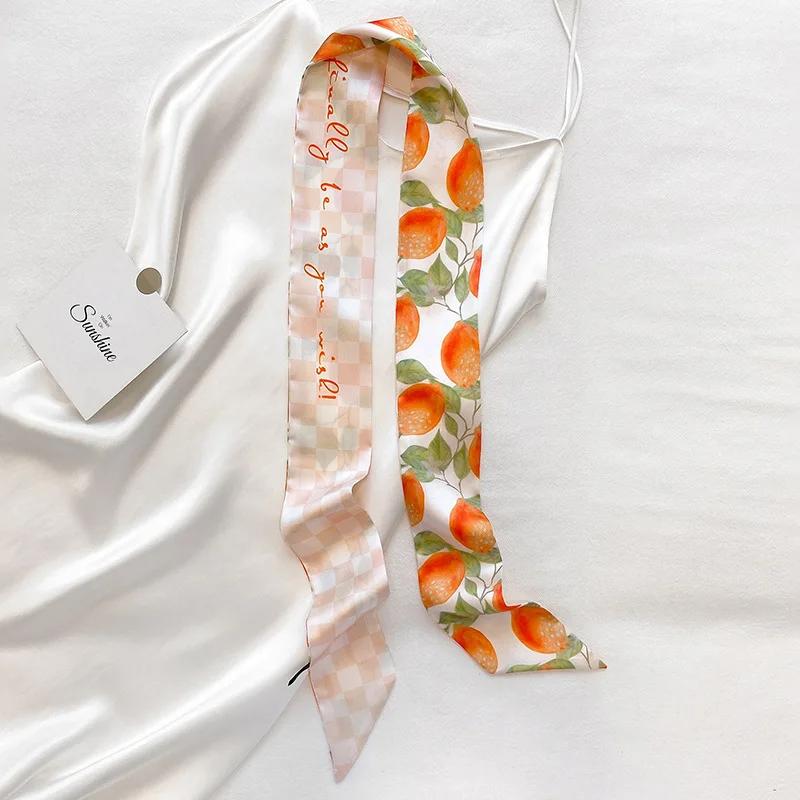Long Skinny Hair Scarf For Women Fashion Fruit Print Kerchief Cute Headband Silk Satin Neck Scarfs 7*130cm Band Bag Scarves