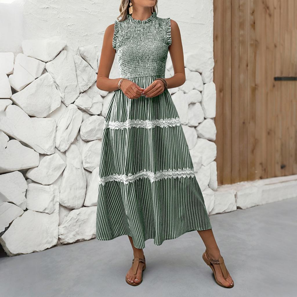 New Sweet Casual Lace Ruffled Trim Sleeveless Striped Summer Dress