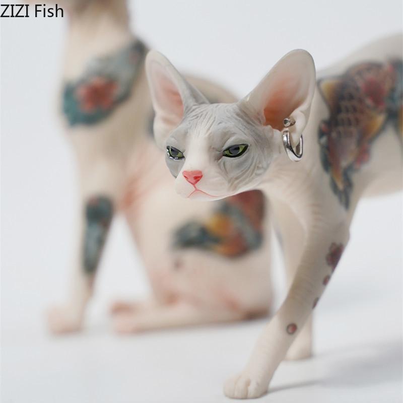 Mini Hairless Cat Model Creative Tattoo Cat Resin Simulation Animal Statue Decoration Modern Car Home Decoration Accessories