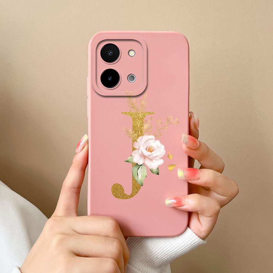 Case For Vivo Y28 4G 5G Art Flower 26 Letters Liquid Silicone TPU Back Cover For VivoY28 4G 5G Advanced Sense Couple Funda Shell
