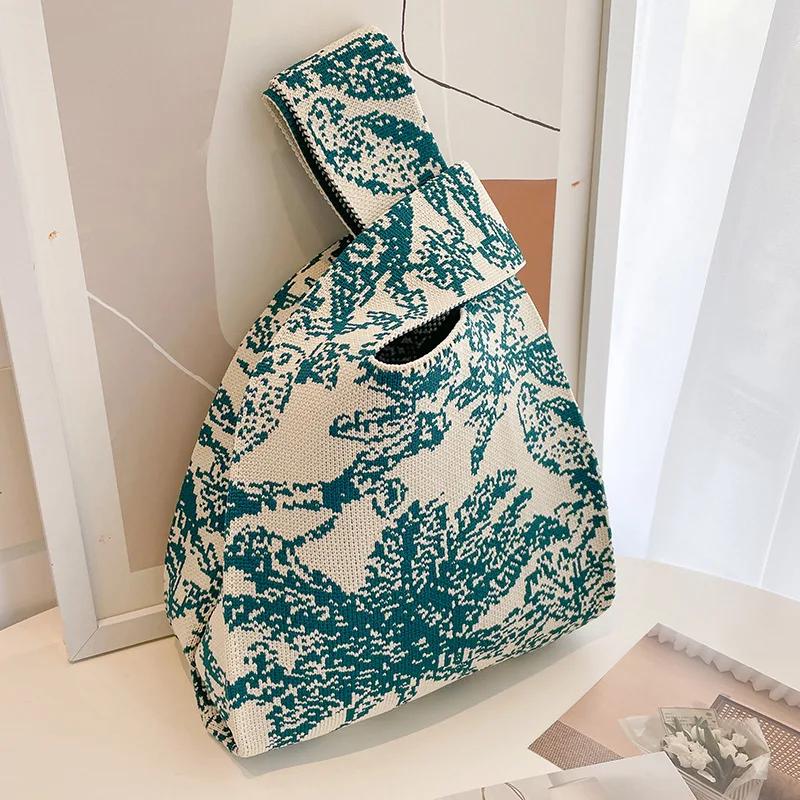Japanese Thin Stripe Plaid Tote Bag Women Casual Color Handmade Knit Handbag Student Reusable Shopping Bag Keys Purse Handle Bag