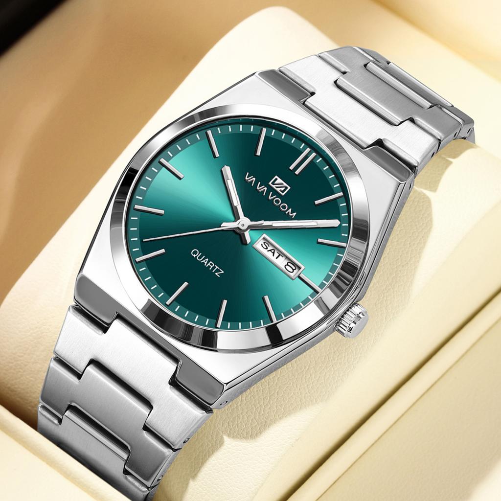 Business Casual Steel Chain Men Watch Month Week Dual Calendar Waterproof Watch Silver Gold Simple Men Watch