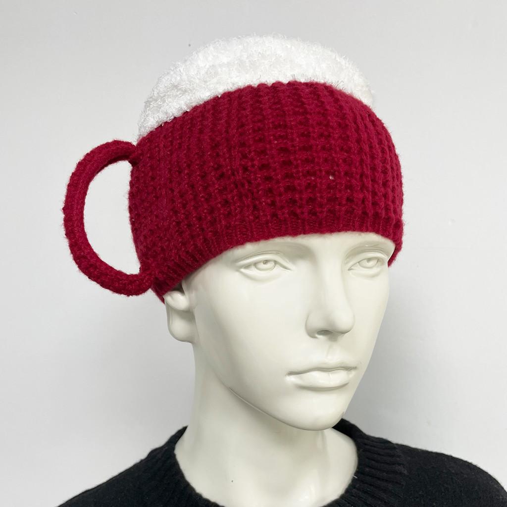 Trendy 3d Beer Cup Knitted Beanie Hat For Winter Warmth In Yellow Wine Red And Khaki