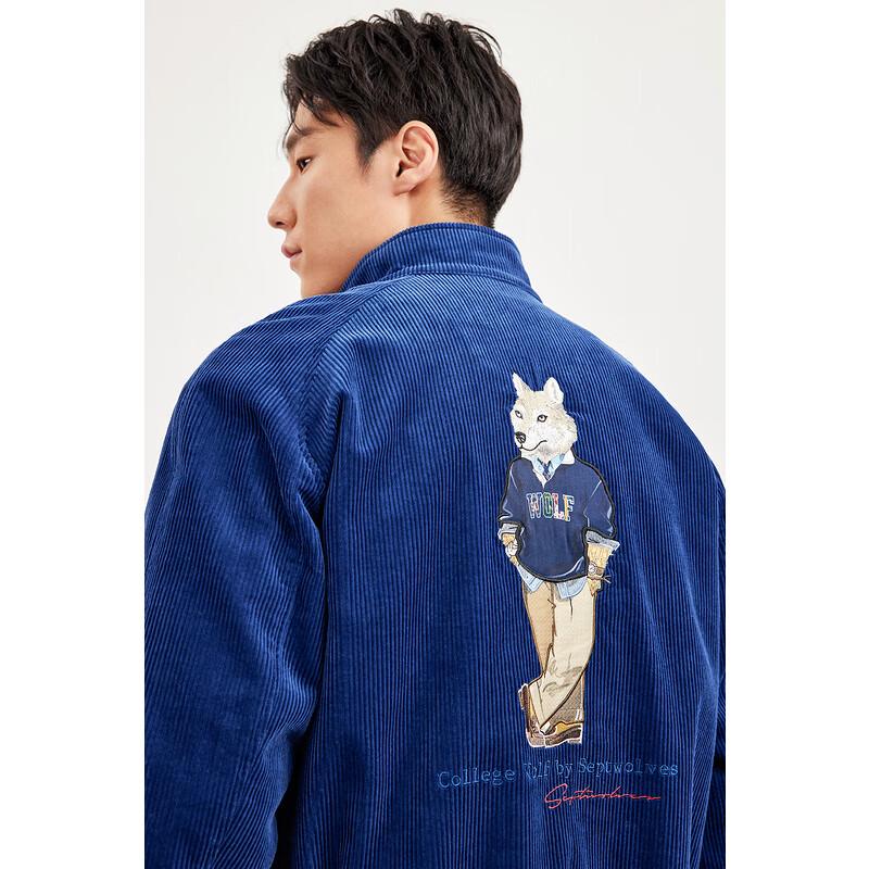 SEPTWOLVES Men's Corduroy Stand Collar Jacket with Wolf Cub Pattern