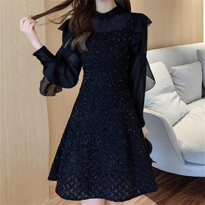 Robe moulante élégante et sexy pour femmes, manches longues, en mousseline de soie, à volants, patchwork, robes trapèze, noire