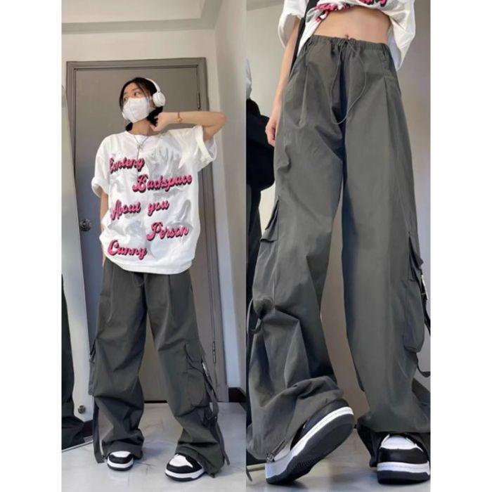 

Women s Retro Grey Wide-Leg Cargo Windbreaker Pants with Pockets - Spring 2025 Double Extra Large темно серый