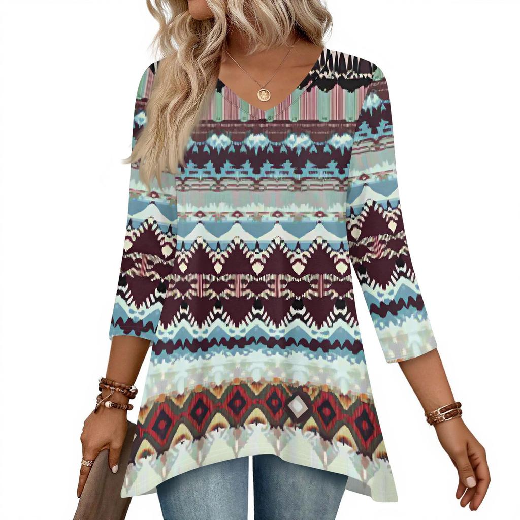 Dámské topy s výstřihem do V a 3/4 rukávem, ležérní košile střední délky, módní tuniky s potiskem