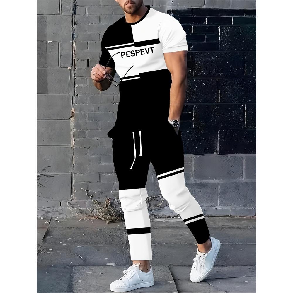 Color Block Letter Men's Set, Three-color Patchwork Short-sleeved Shirt And Long Pants, Simple And Casual
