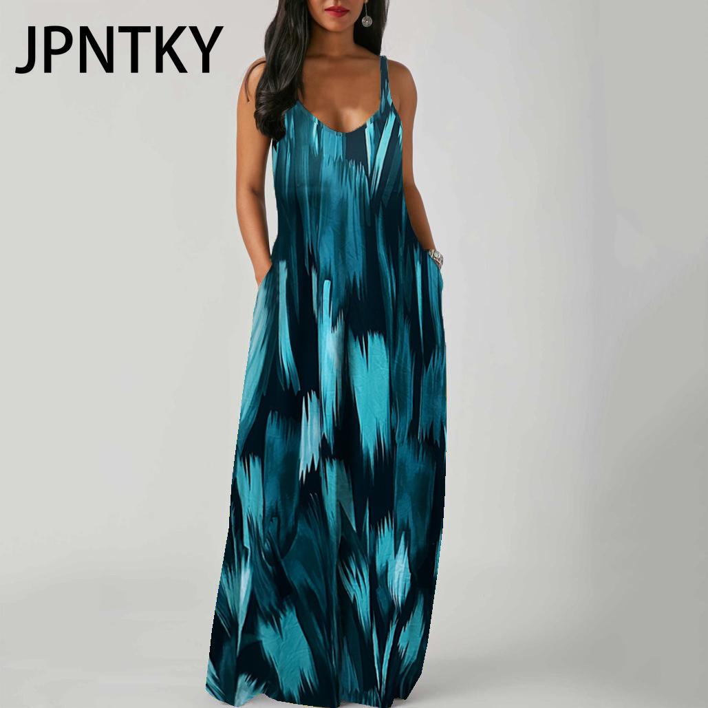 

JPNTKY Elegant Fashion Floor Length Sleeveless V Neck Simple Women Summer Retro Printed Loose Waist Straight Dress XXXXXL