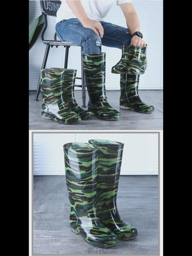 Men's Camouflage Waterproof Rain Boots with Velvet Lining - High/Mid/Short-Top Rubber Shoes for Construction, Kitchen, and Fishing