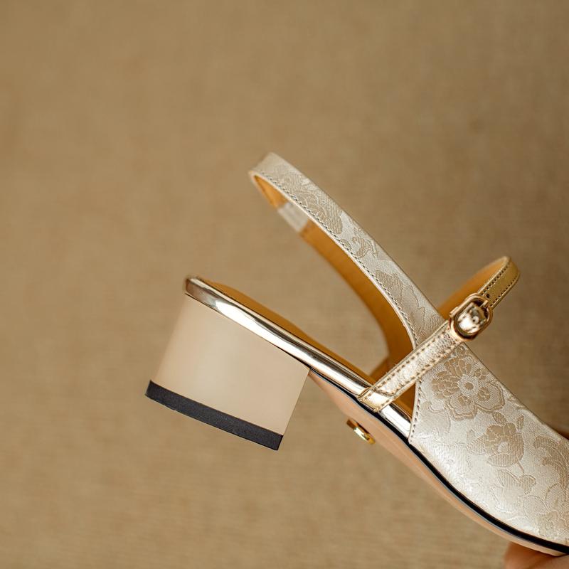 Fashion Women's New Spring/Summer Square Headed Genuine Leather Silk Cowhide Magnolia Multi Pearl Mid Heel Large Headed Muller Sandals