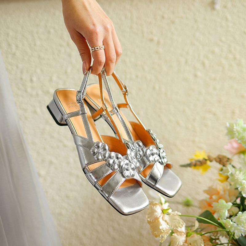 Fashion NEW Summer Women Sandals Square Toe Chunky Heel Shoes Split Leather Shoes for Women Narrow Band Flowers Buckle Strap Sandals