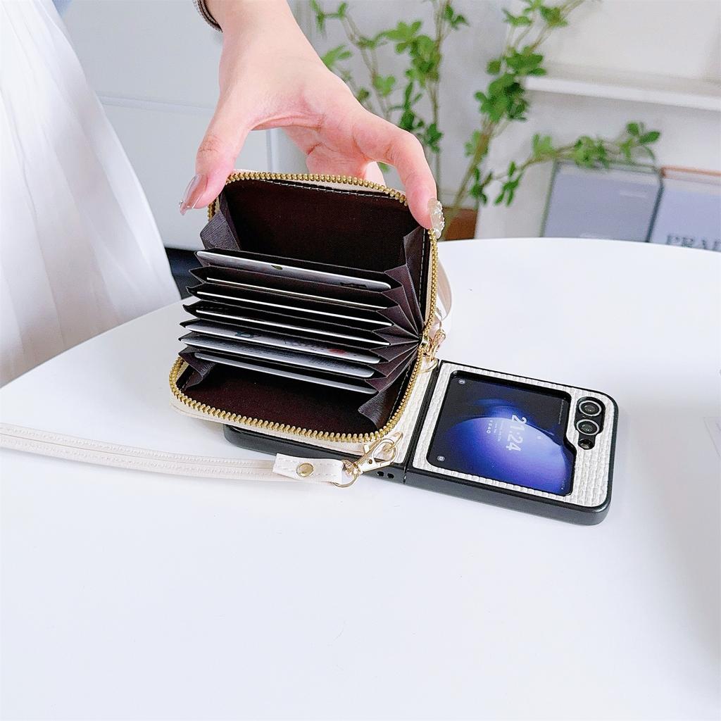 For Samsung Galaxy Z Flip5 5G Phone Case Card Bag PU Leather+PC Cover with Crossbody Strap
