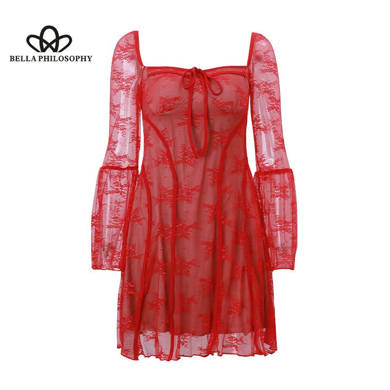 Women's New Lace-up Chest Lace Printed Long Sleeve Dress Fashion Casual Elegant Woman Short Party Dress