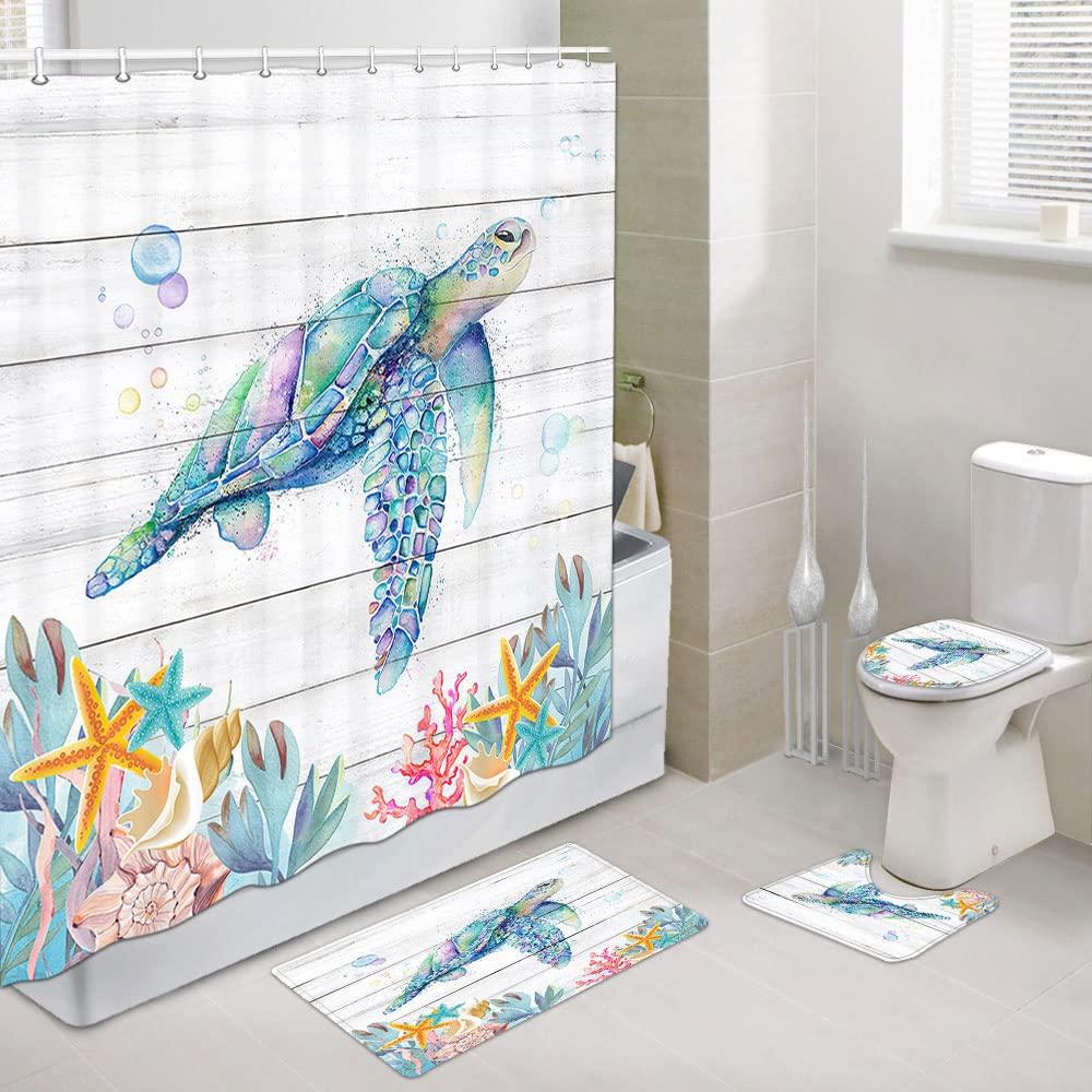 Sea Turtle Shower Curtain Set Non-Slip Rugs Toilet Lid Cover Bath Mat Nautical Ocean Bathroom Curtains Set Durable Waterproof