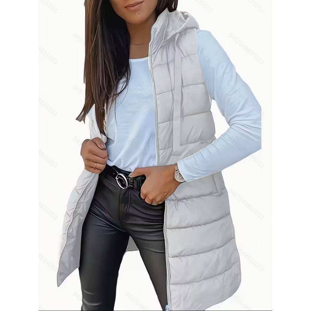 Autumn Winter Solid Color Hooded Zip Cotton Vest Women Mid-Length Plus Size Padded Gilet Coat