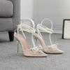 Fashion Sexy Transparent Pvc String Bead Women Thin High Heels Shoes Rhinestone Butterfly-Knot Clear Pointed Buckle Strap Sandals Pumps