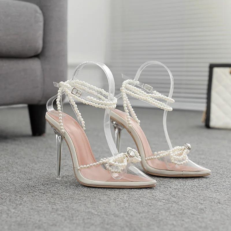 Fashion Sexy Transparent Pvc String Bead Women Thin High Heels Shoes Rhinestone Butterfly-Knot Clear Pointed Buckle Strap Sandals Pumps