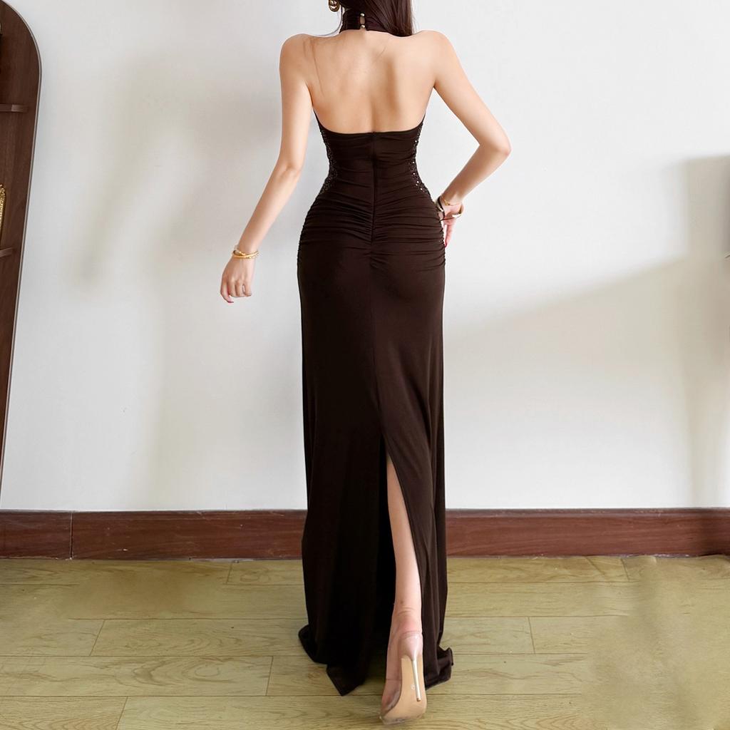 European and American style summer new women's clothing retro neck high neck slim hip wrap floor long dress
