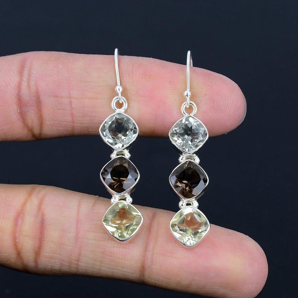 Natural Smoky Quartz & Green Amethyst Gemstone Earrings, 925 Sterling Silver, Handmade Drop Dangle Earrings Jewelry Gift For Valentine's Day