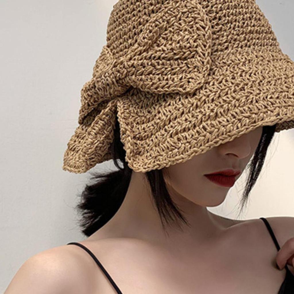 Women's Foldable Japanese Straw Sun Hat with Bow - Casual Summer Bucket/Fisherman Style for Travel & Sun Protection