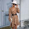 YYFS Women's Fashion Summer Spring Leopard Print Long Sleeve V-Neck High Waist Casual Dresses