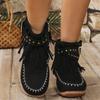 Fashion Vintage Tassels Western Boots for Women Rivet Decor Flat Heels Ankle Boots Woman Size Zipper Non Slip Short Booties