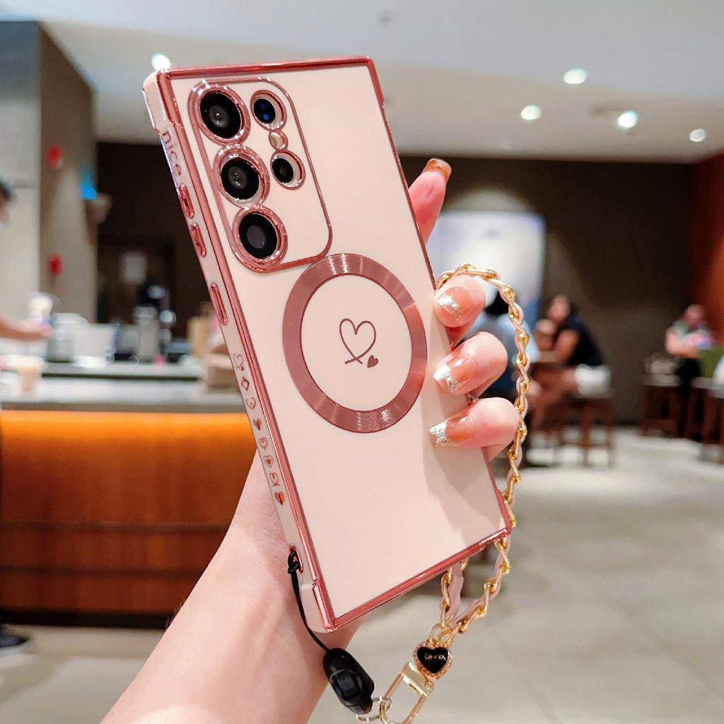 For Samsung Galaxy S24 Ultra Magnetic Case Electroplated Love Hearts TPU Phone Cover with Chain Strap