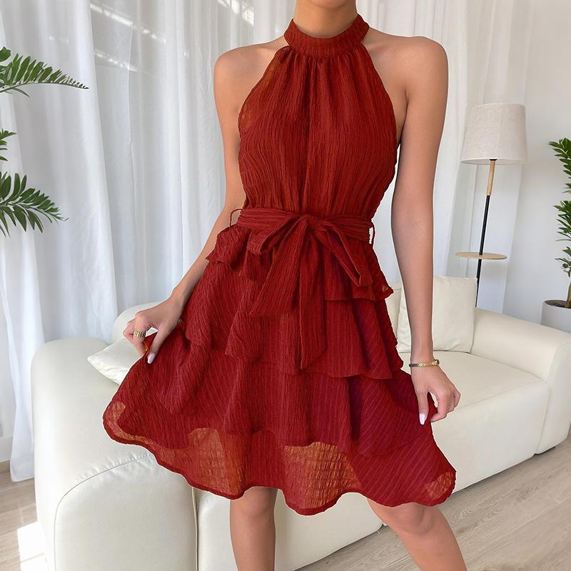 Women Casual Sleeveless Solid Color Bandage Chiffon Tiered Dress