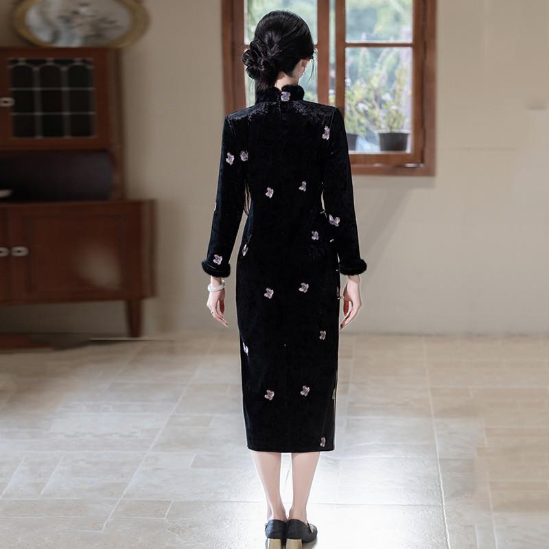 Womens Winter Velvet Embroidered Cheongsam Dress Long Sleeve Stand Collar Retro Style Thick Lined Qipao