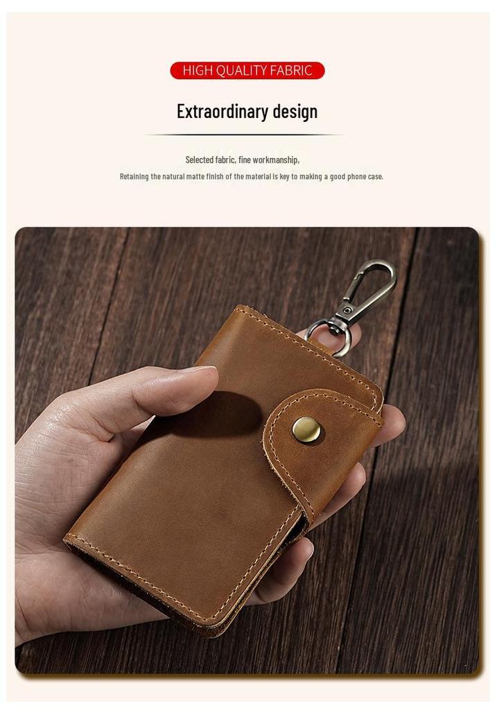 Retro Crazy Horse Leather Key Holder - Men's Genuine Leather Waist Pouch, Access Card Key Cover, Home Key Storage Bag.