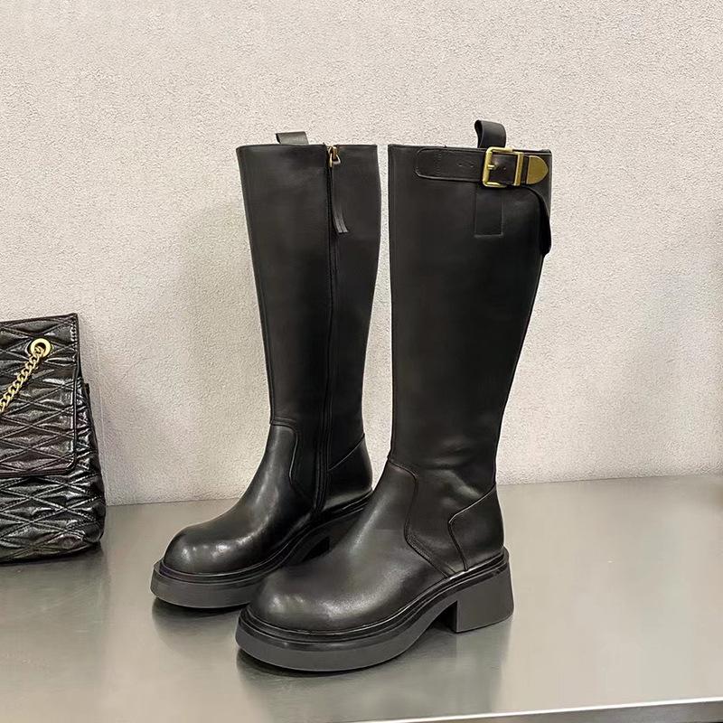 Sheepskin Version~ European Genuine Leather Boots, New Round Head Thick-soled Muffin-bottom Knight Boots, Belt Buckle High Boots