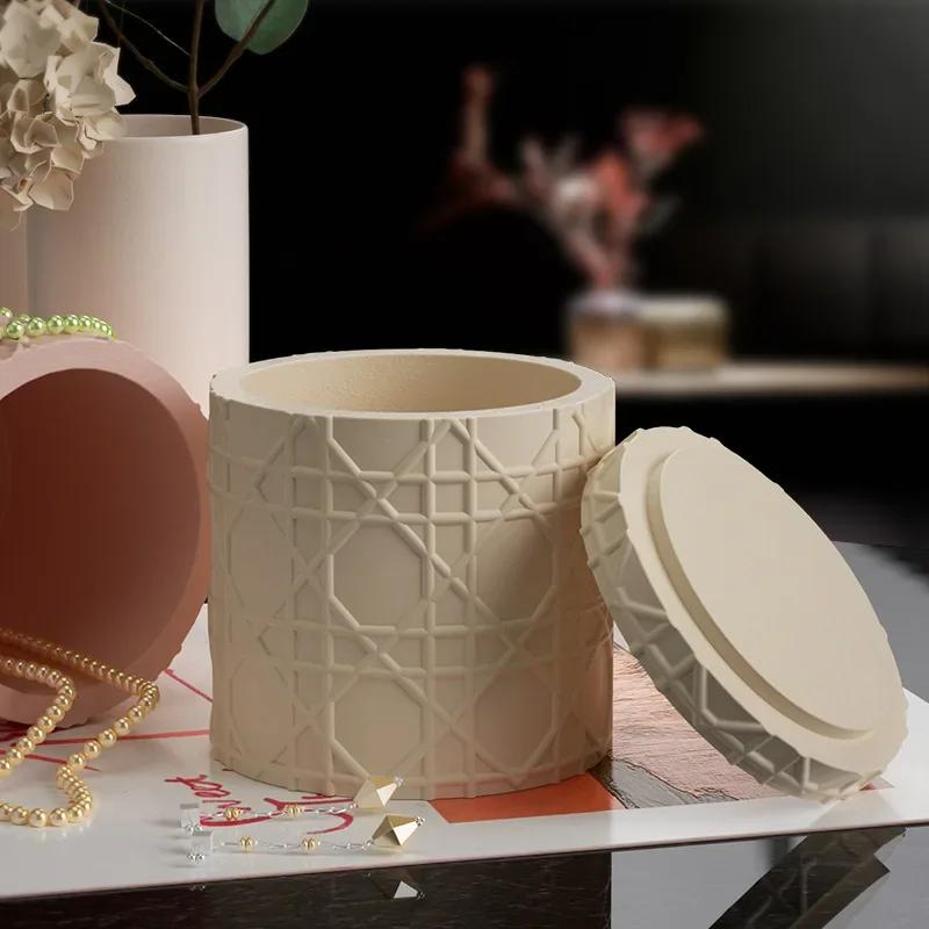 1 Pcs DIY Candle Cup Mold Flower Pot Ceramic Mold Rattan Pattern Storage Box With Lid Silicone Mold Jar Bottle Plaster