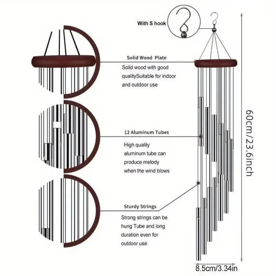 1Pcs New 12 Tubes Aluminum Alloy Wind Chimes With Hook Gold Silver Bells For Outdoor Home Wedding Party Memorial Decoration Gift