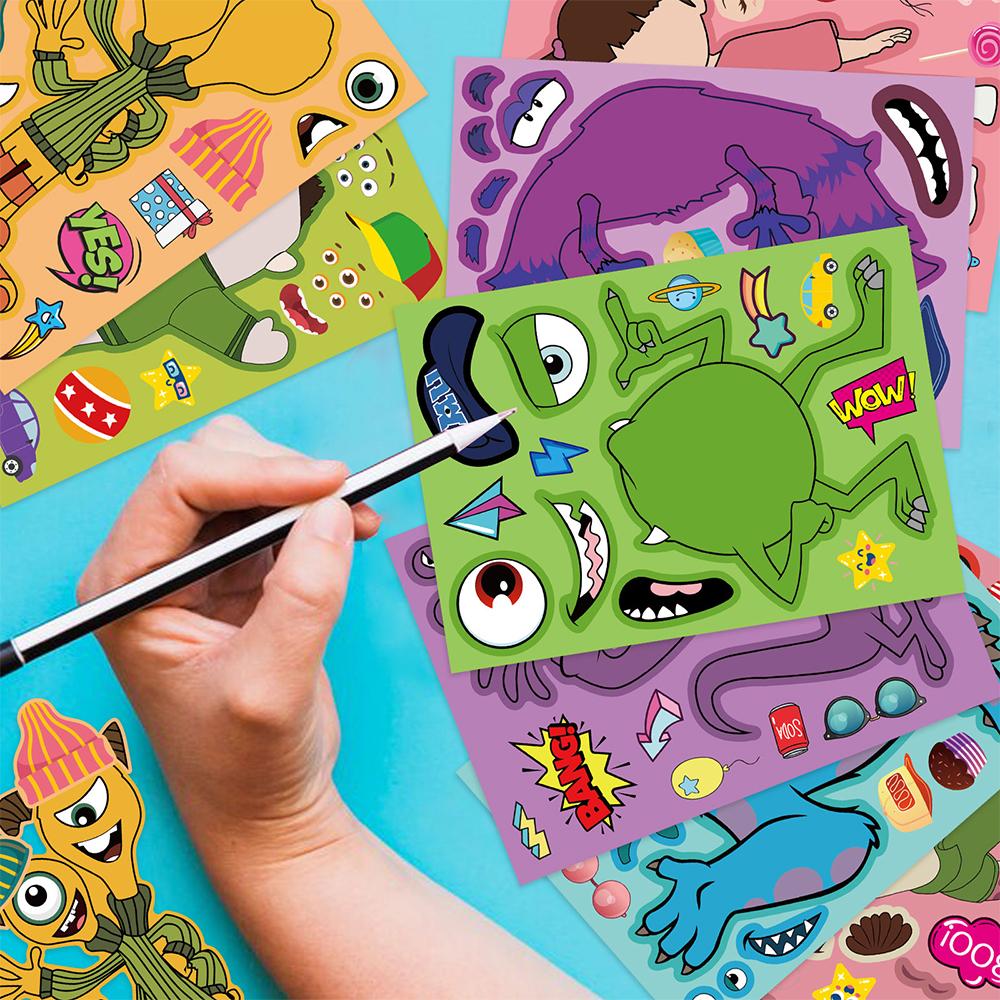 8/16Sheets Monsters Inc Puzzle Stickers Make a Face Assemble Jigsaw Decals Funny Cartoon DIY Toy Party Gift