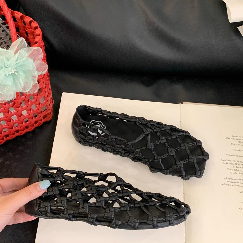 French Woven Mesh Hollow Low Heel Round Head New Sandals Fashion Pig Cage Shoes Red Breathable Hole Shoes Women's Shoes