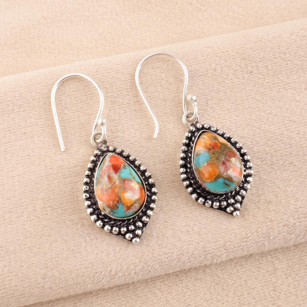 Natural Spiny Oyster Gemstone 925 Sterling Silver Jewelry Handmade Earrings 1.6" EE-164-45