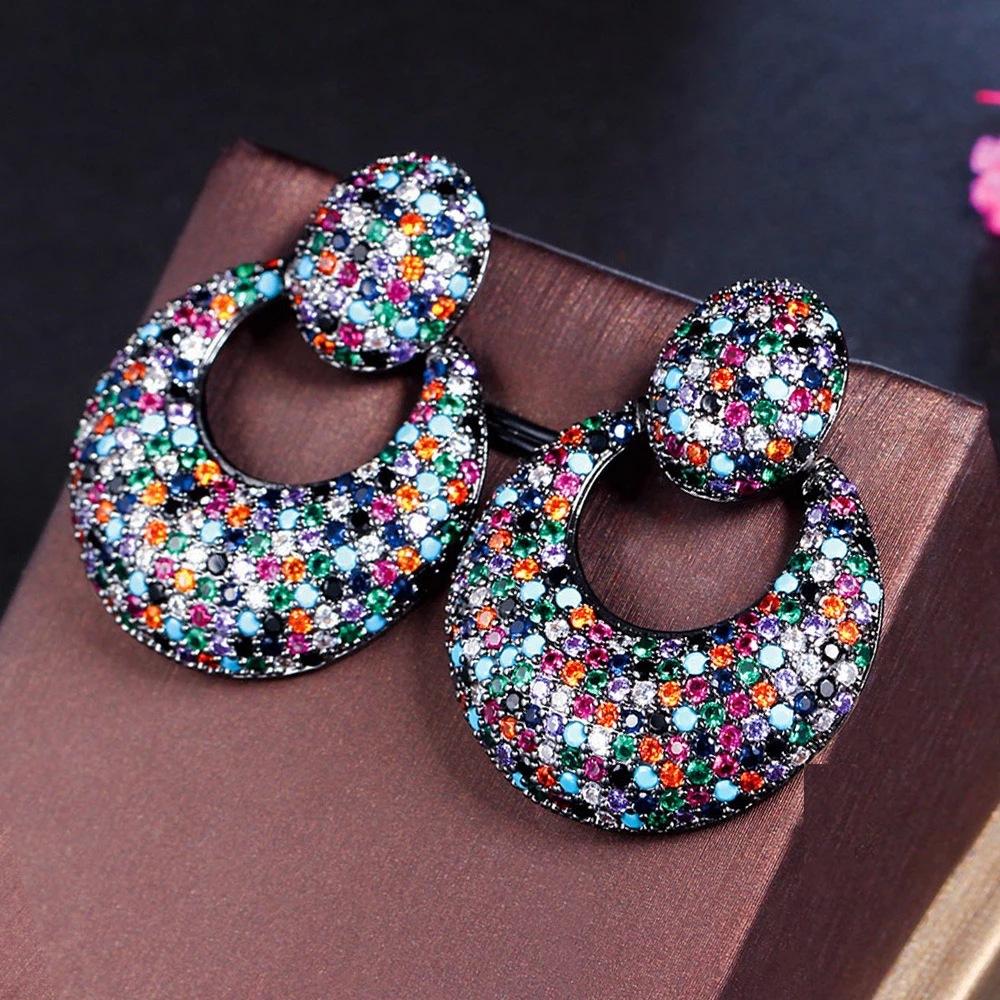 Needle French Light Luxury Geometric Zircon Premium Full Diamond Color Zircon Earrings Earrings