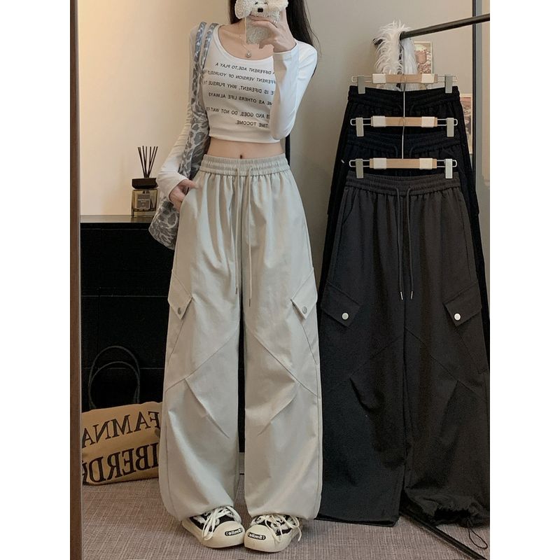 American Style Sexy High Waist Style in Gray Casual Pants Cargo Pants Women's Autumn Loose Drooping Loose Pants Straight-Leg Pants Mop Pants