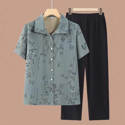 2026 New Style Summer Short-Sleeved Two-Piece Set for Elderly Women - Cardigan and Top