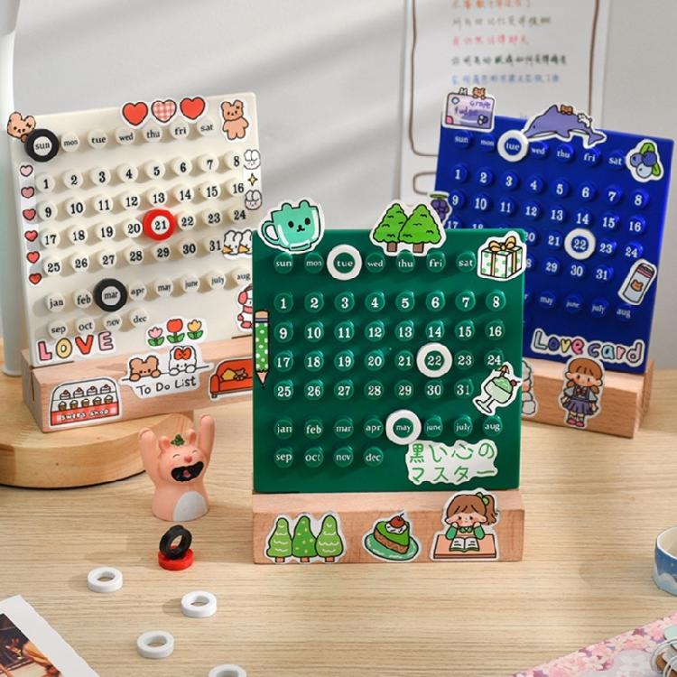 Desktop Permanent Calendar with Wood Stand ABS Permanent Countdown Calendar with 3 Rings for Office Desk Date Reminder