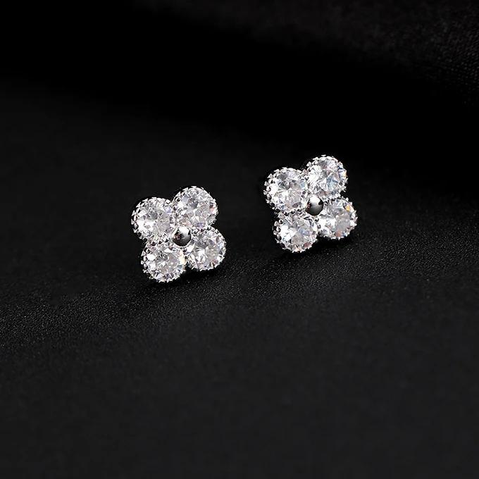 925 Silver Plated Four-leaf Clover Stud Earrings for Women Sparkling Shiny 5A Zircon Lucky Earrings Exquisite Banquet Jewelry