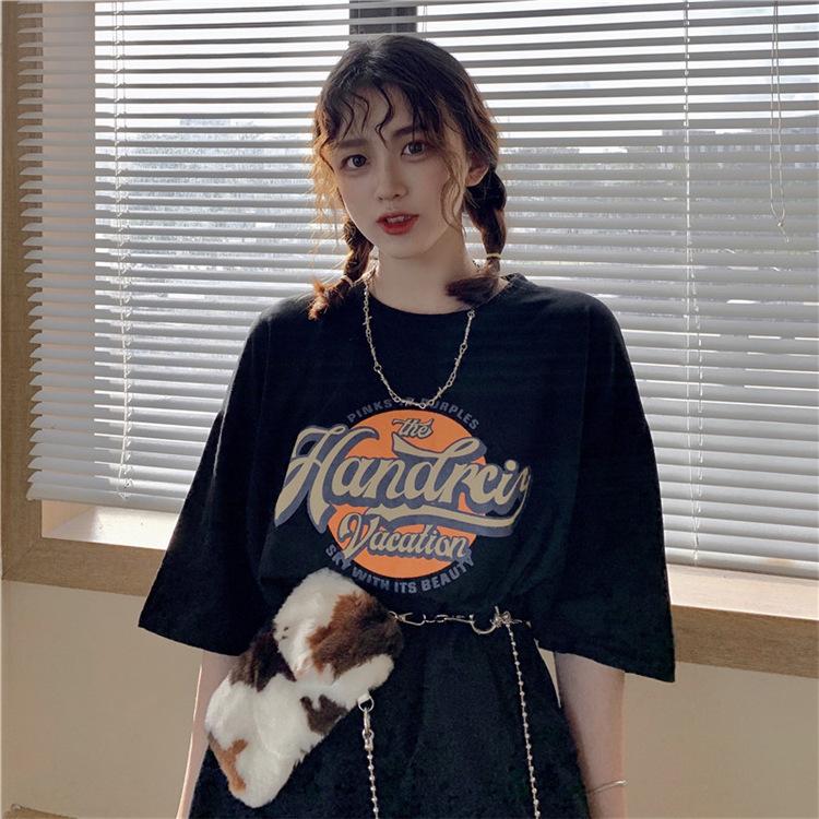 Vintage Hong Kong-style short-sleeved t-shirt women s loose large-size Korean version ins cool trendy dark girly strange-flavored top body shirt M чёрный