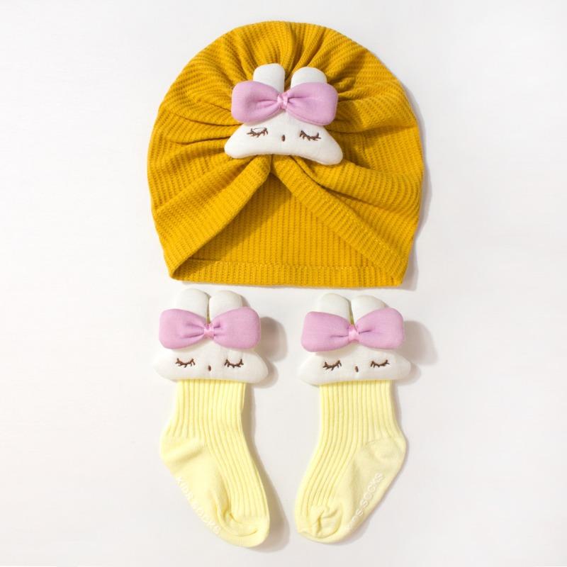 New children's hat set, cute solid color bunny baby stockings, soft hat sock cover