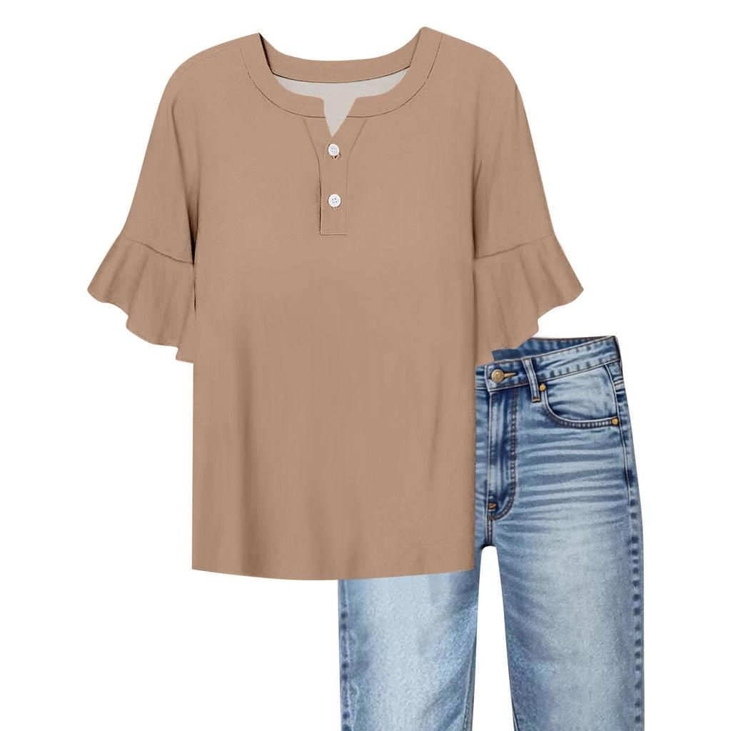 Women's Casual Fashion V-neck Ruffled Trumpet Sleeves Loose Versatile Solid Color Short Sleeves