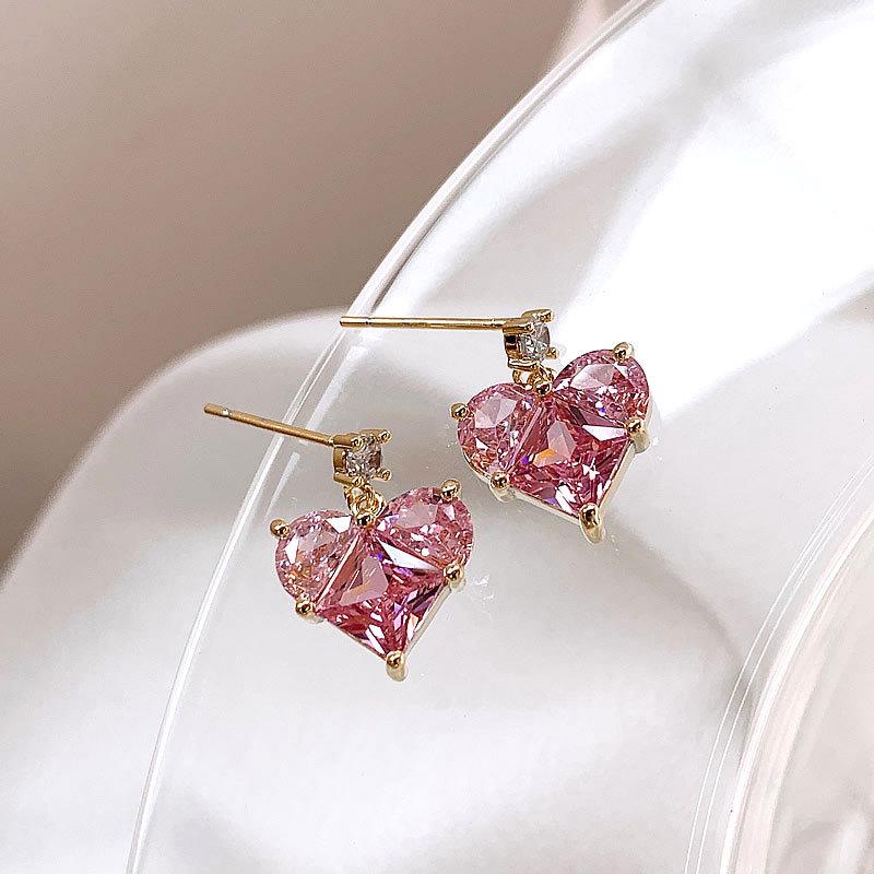 925 Silver Pink Heart Stud Earrings, Korean Style, Elegant and Shiny Design