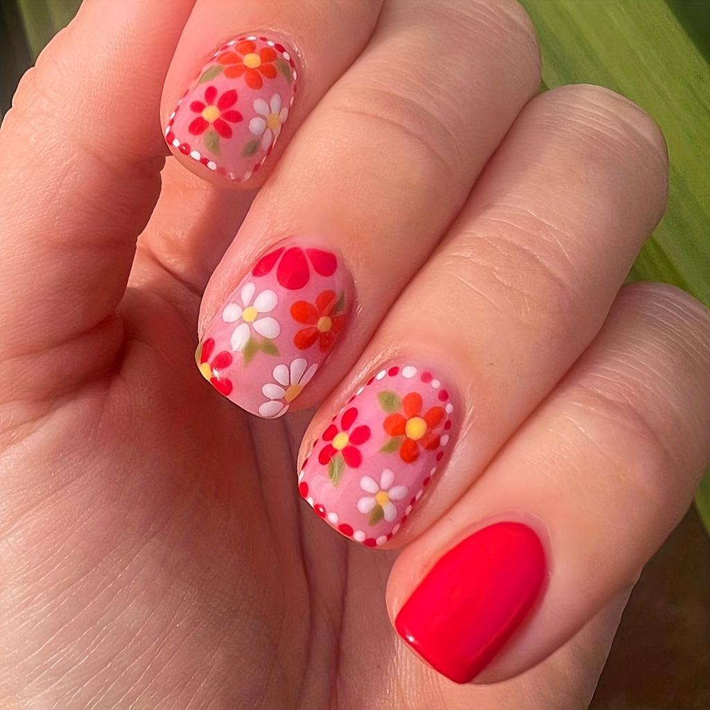 24pcs Glossy Red White Flower Press On Nails - Short Oval False Nails for Women and Girls - Full Cover Spring Summer Nails for Easter